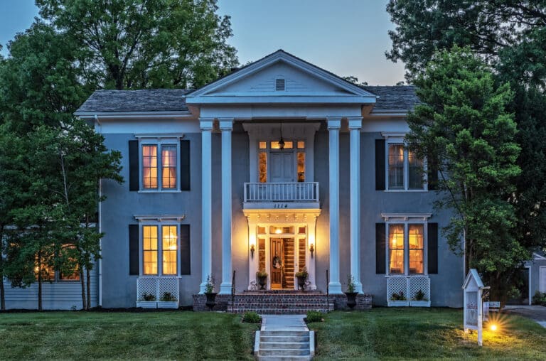 Exterior of our Kansas City Bed and Breakfast at twilight, one of the most unique places to stay in Missouri.